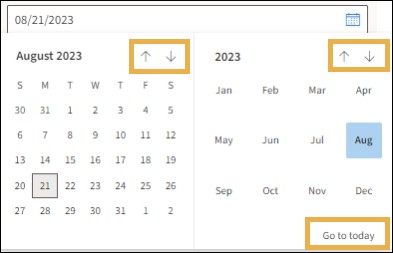 Calendar navigation options with yellow highlight boxes around up and down arrows as well as the Go to today link 